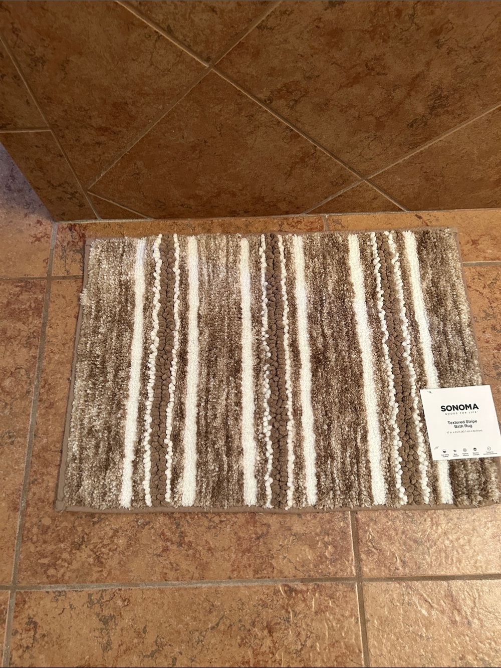 Bath Rug Sonoma Tan Brown & White Striped Textured Matt NEW 17" X 24"  Soft